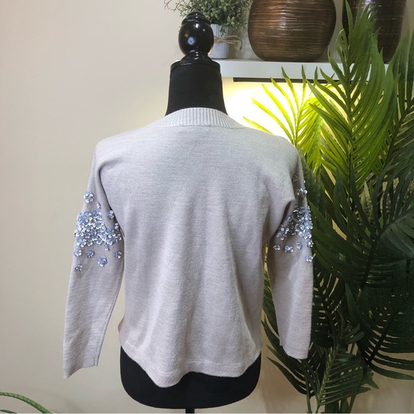 J. Crew Wool Floral Sequin Embellished 3/4 Sleeves Oatmeal Crewneck Sweater XXS - Picture 9 of 9